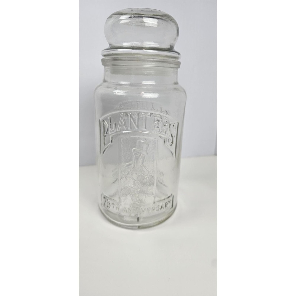 Vtg Planters Glass Jar Canister 75th Anniversary Mr. Peanut‎ 1981 8" w/ Lid